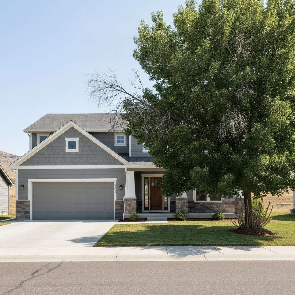 An overgrown, neglected tree crowding a Boise home before professional trimming